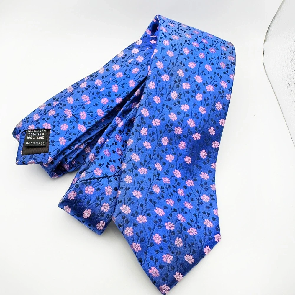 Tattersall London‎ 100% Silk Tie Blue Pink Floral Handmade London Spring